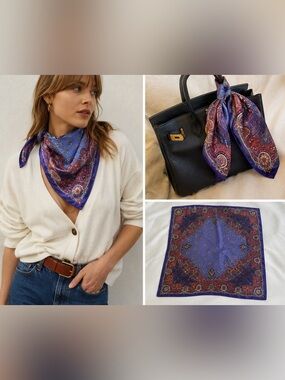 Vintage 100% Silk Paisley Square Scarf Purple Blue Red Made in Japan